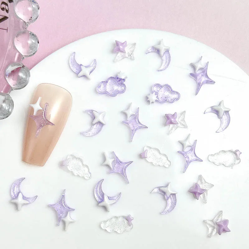 50PCS Transparent Resin Moon Cloud Nail Art Charms with White Purple Sparkling Four-pointed Star Nail Decoration DIY Nail Crafts