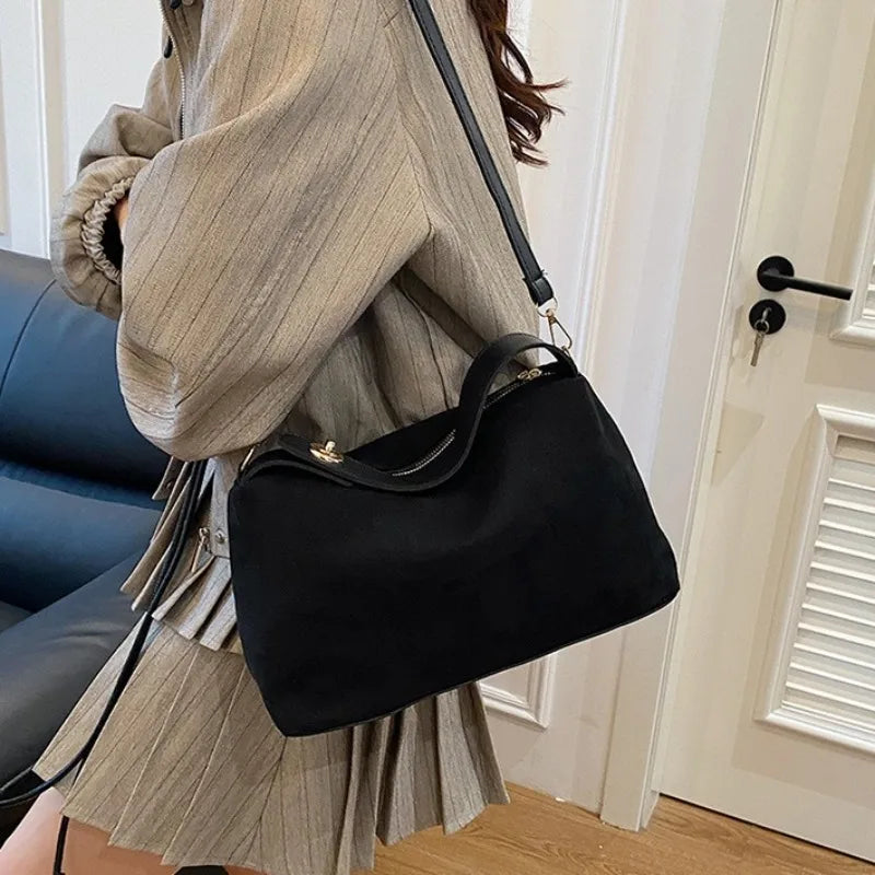 Women's vintage-style fashion shoulder bag with suede-like texture, Bohemian style, adjustable wide strap