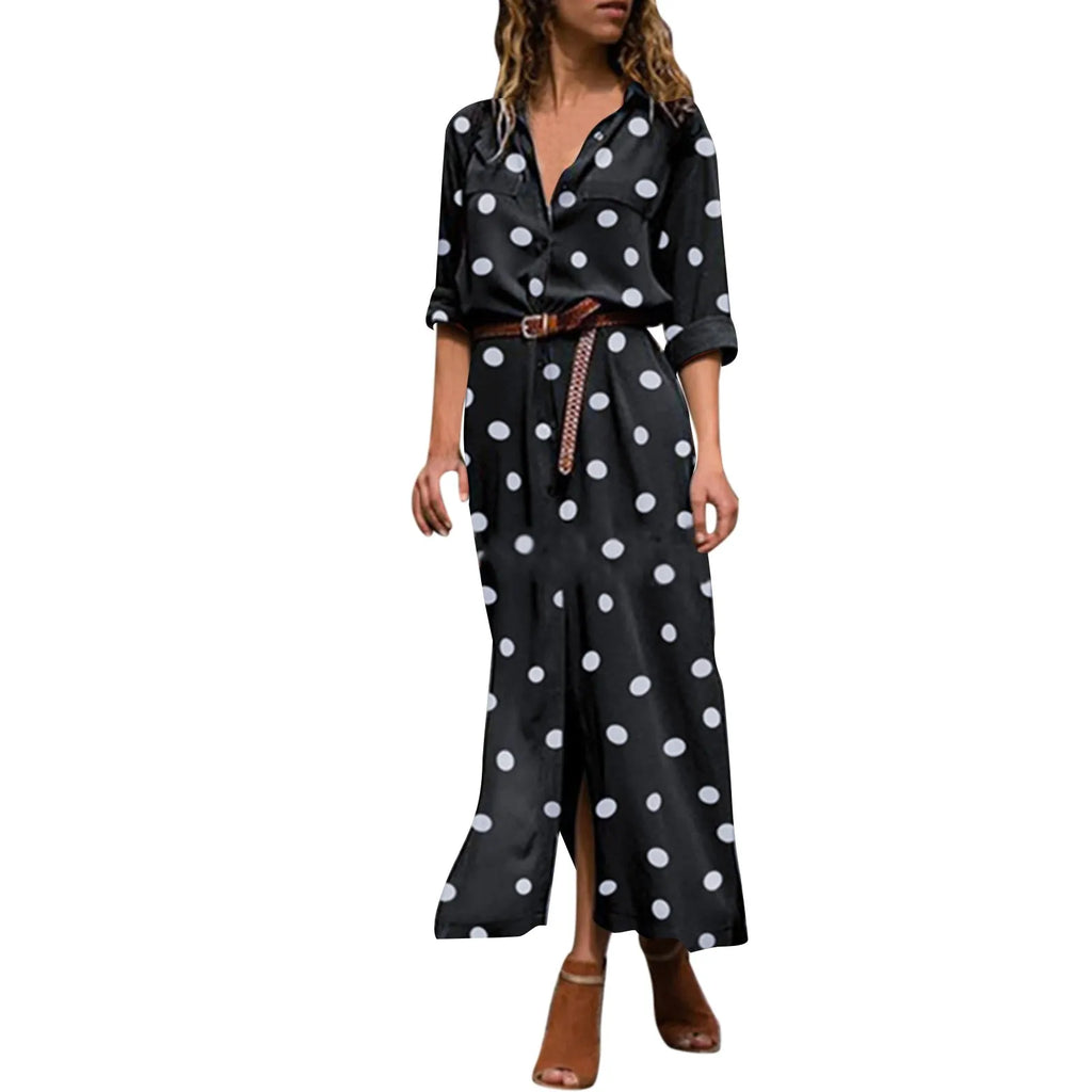 Women's Polka Dot Maxi Dress Button Up Split Flowy Long Sleeve