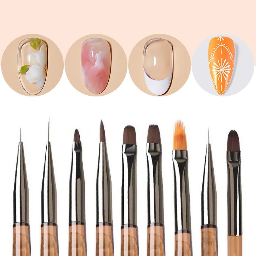 9Pcs Nail Brush Set Detail Work Pens Stylish Brown Handles Gel Nail Art Fine Line Painting Professional Home Use Tool Kit