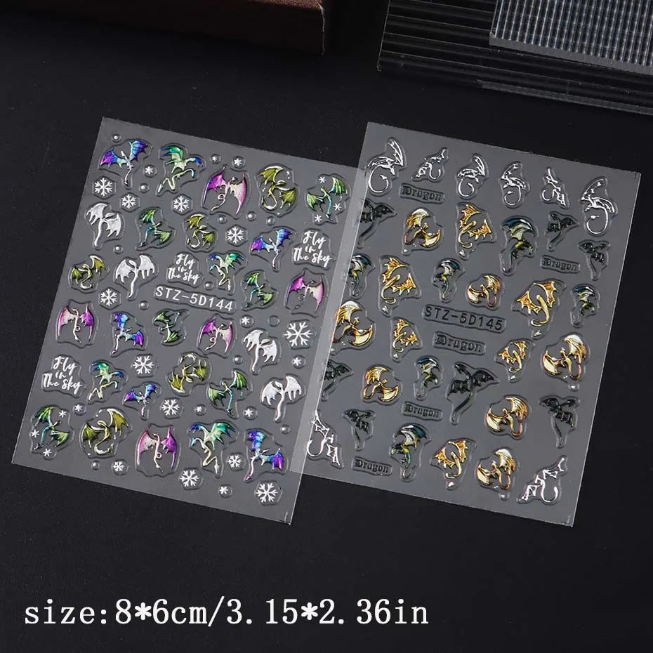 1/2pcs 5D Embossed Metallic Colorful Dragon Nail Stickers Snowflakes Self-Adhesive DIY Nail Decals Sliders Manicure Decorations