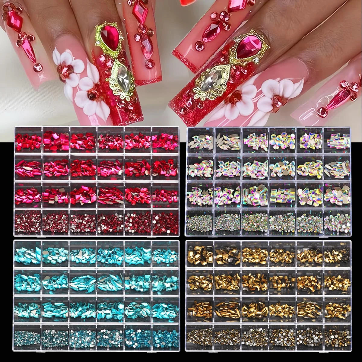 1 Box 3D Nail Diamond Kit, 24 AB Crystal Gem Grids, Multi-Shaped Nail Art