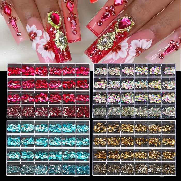 1 Box 3D Nail Diamond Kit, 24 AB Crystal Gem Grids, Multi-Shaped Nail Art