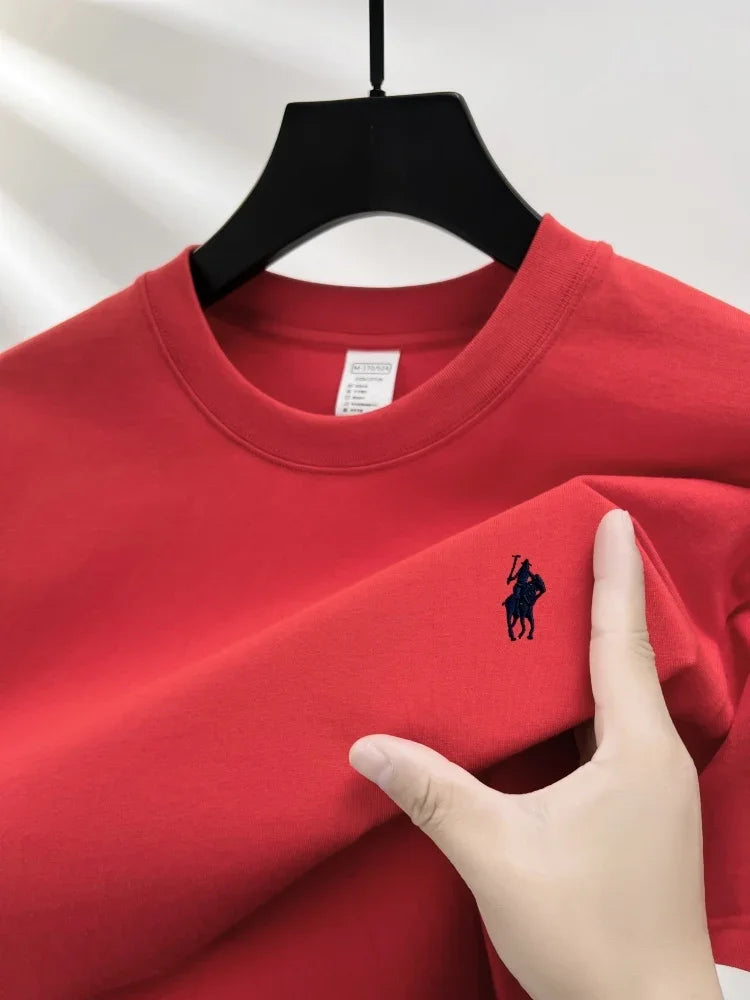 Summer 100% Cotton Men's Short Sleeve Tee Crew Neck Breathable Soft Tops Luxury Pony Embroidery Casu