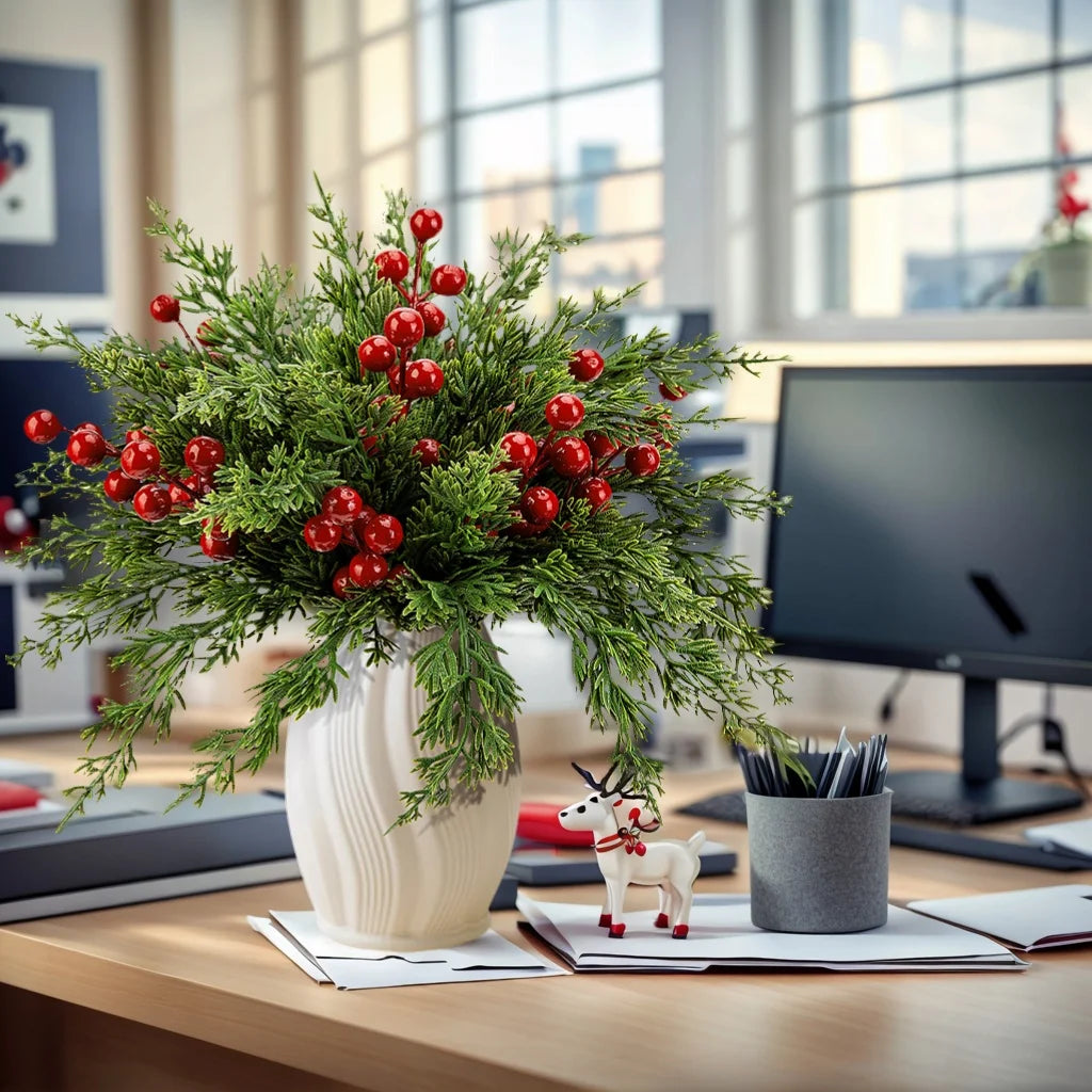 15 Artificial Pine Branches with Red Berry Stems Faux Christmas Greenery