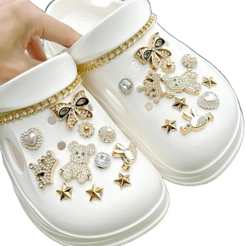 24PCS Gold Plated Bear Rhinestone Bow Shoe Charms Set