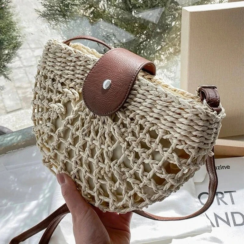 Summer Straw Bag For Women Fashion Semicircle Crossbody Bags Rattan Handmade Messenger Handbag Travel Beach Bags Tote