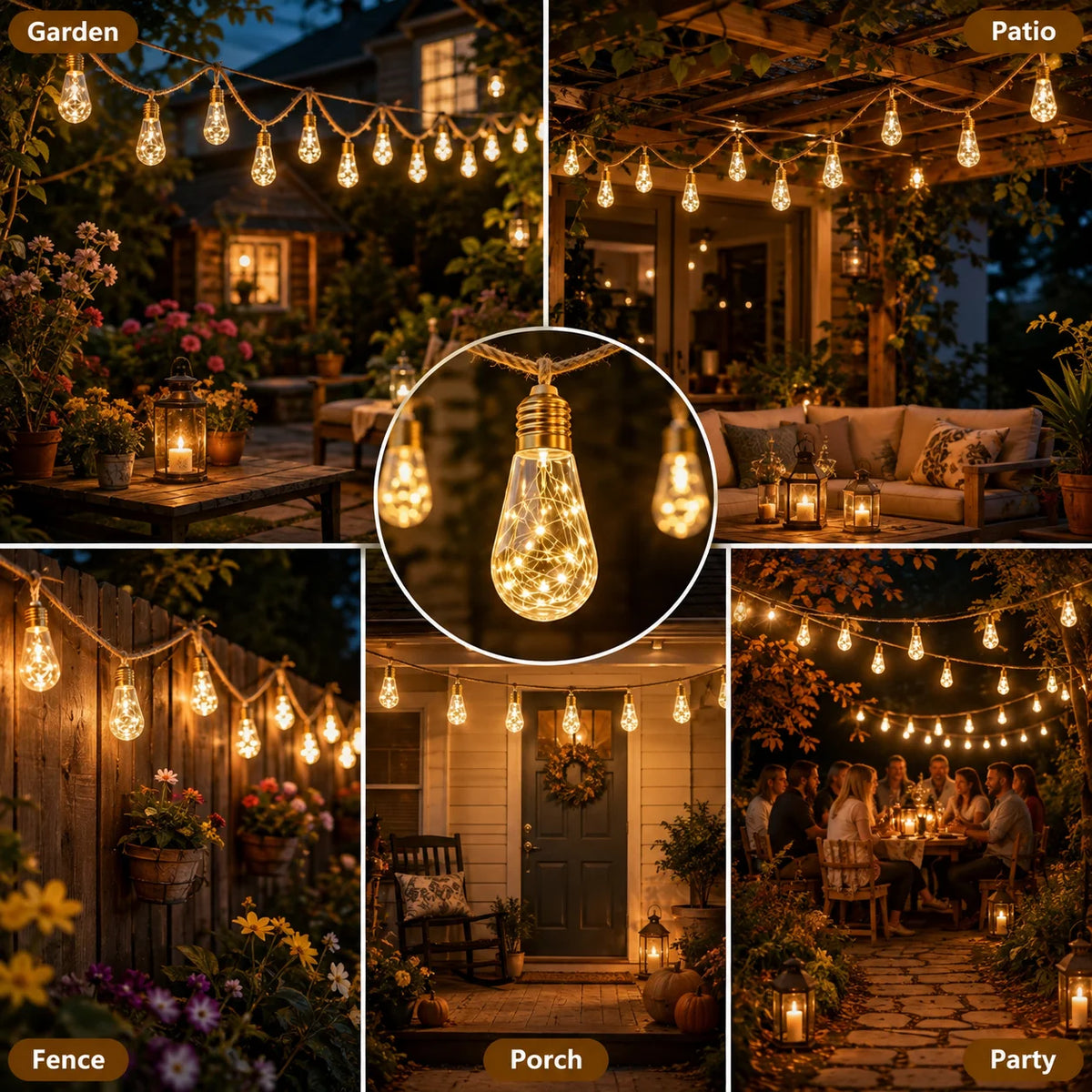 Solar String Lights Hemp Rope Edison Bulb Fairy Lights Warm White