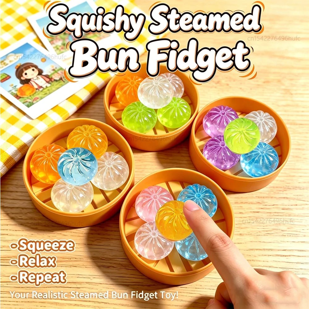 5Pcs Mini Dumplings with Steamer Bun Squeezable Toys Set Soft Stress Relief Crystal Squishy Fidget S
