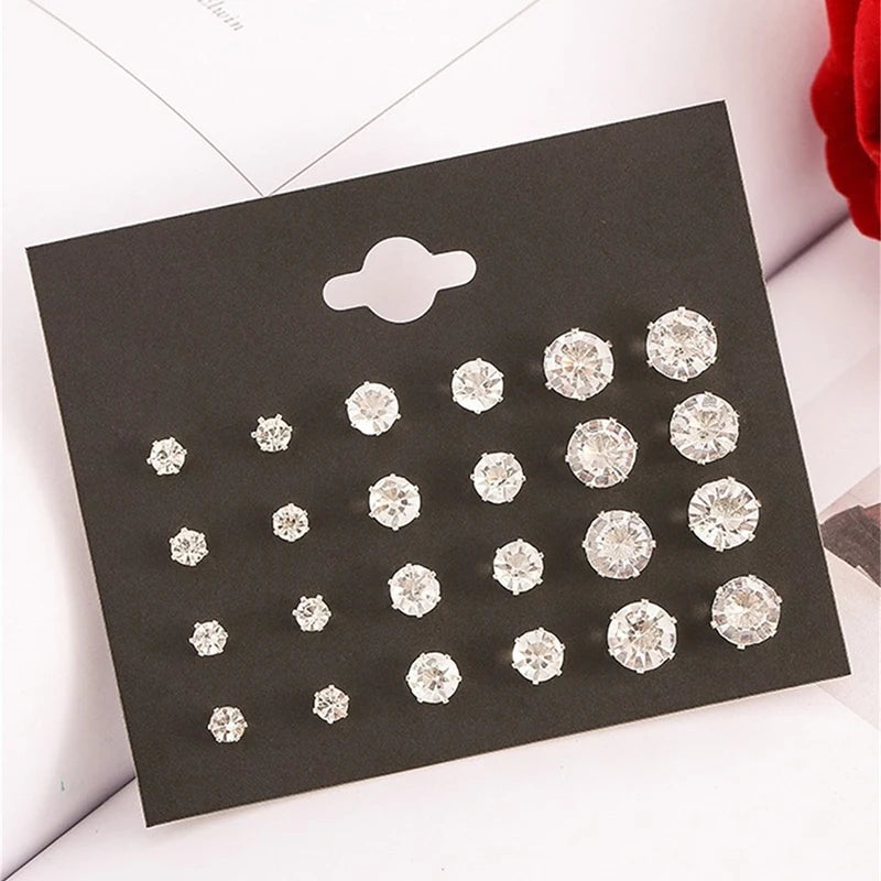 White Crystal Stud Earrings Set 12 Pairs For Women detail view