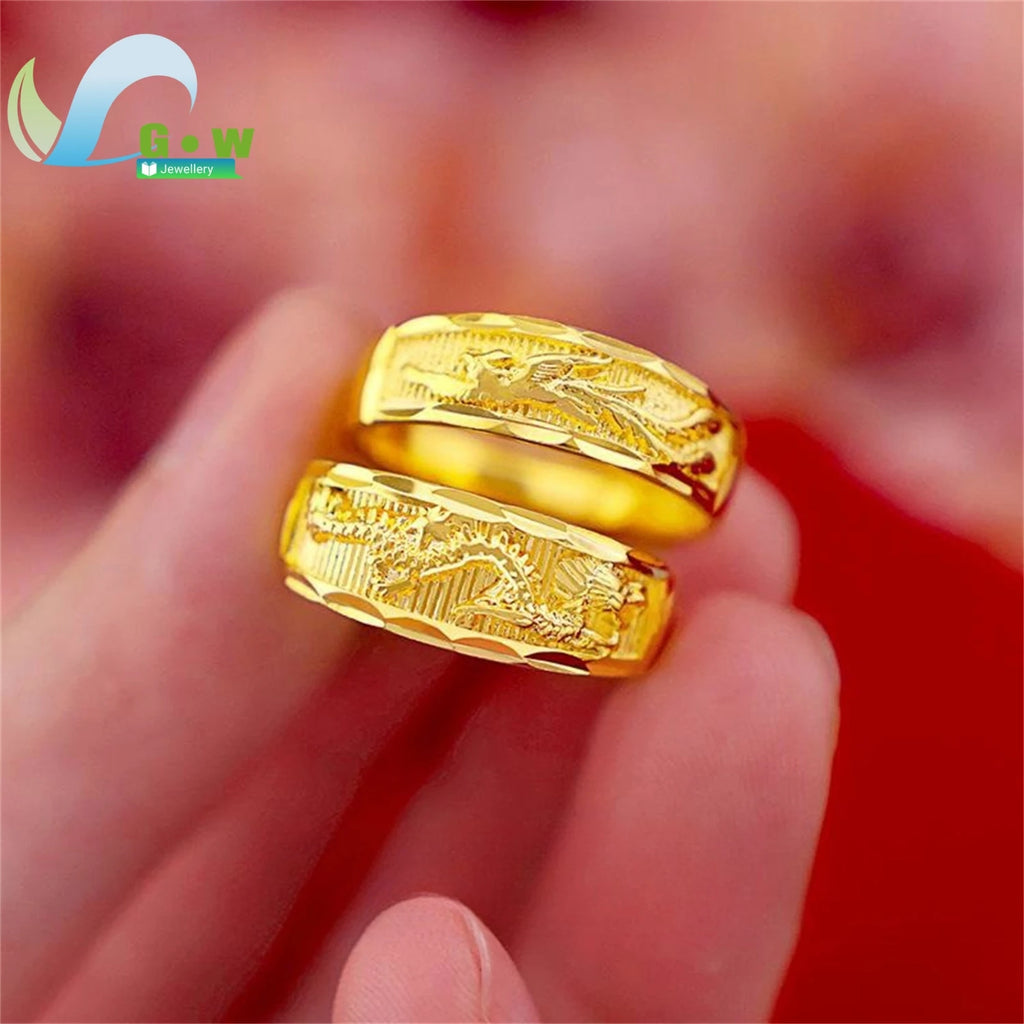 Fancy Gold Carve Dragon Phoenix Couple Adjustable Open Rings Stone Lucky Charm Band Classic Elegant Fashion Jewelry Gift Wedding