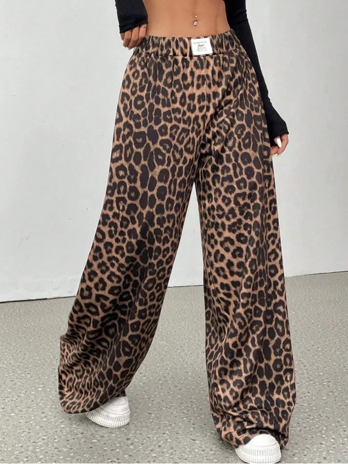 Women Leopard Print Wide Leg Pants High Waist Casual Trousers