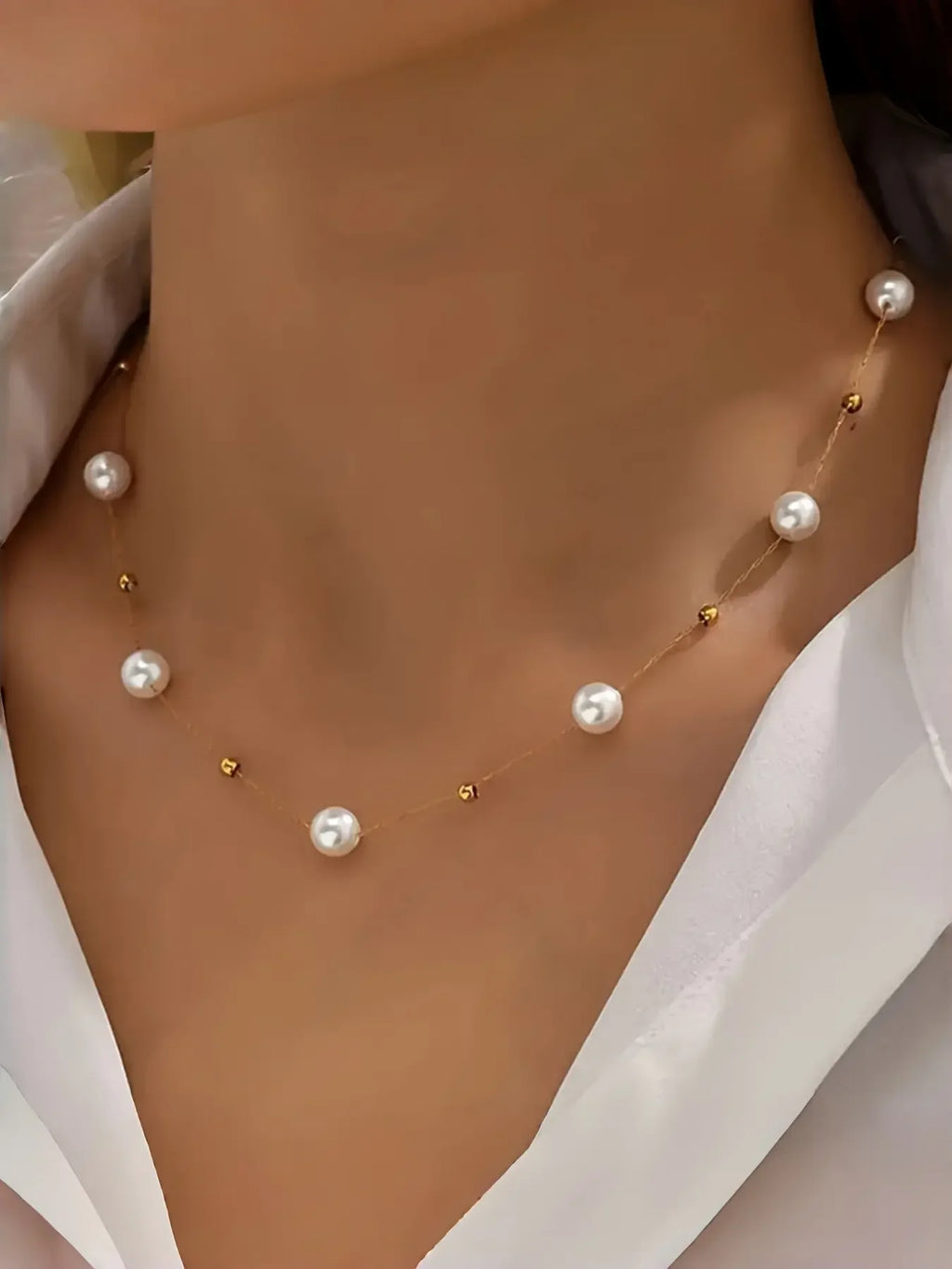 Elegant Pearl Necklace, Dainty Pearl Necklace, Adjustable Alloy Chain, Baroque Style, lifestyle view