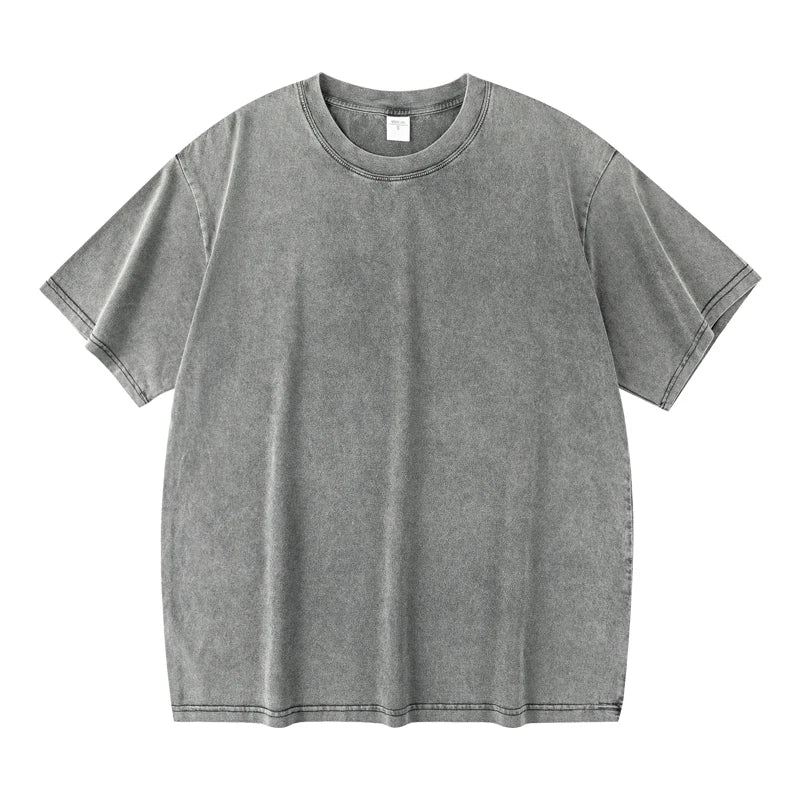 Washed And Distressed 230g Heavyweight Cotton Short Sleeved T-shirt Versatile Men Women Summer Solid Color Loose T Shirts Top