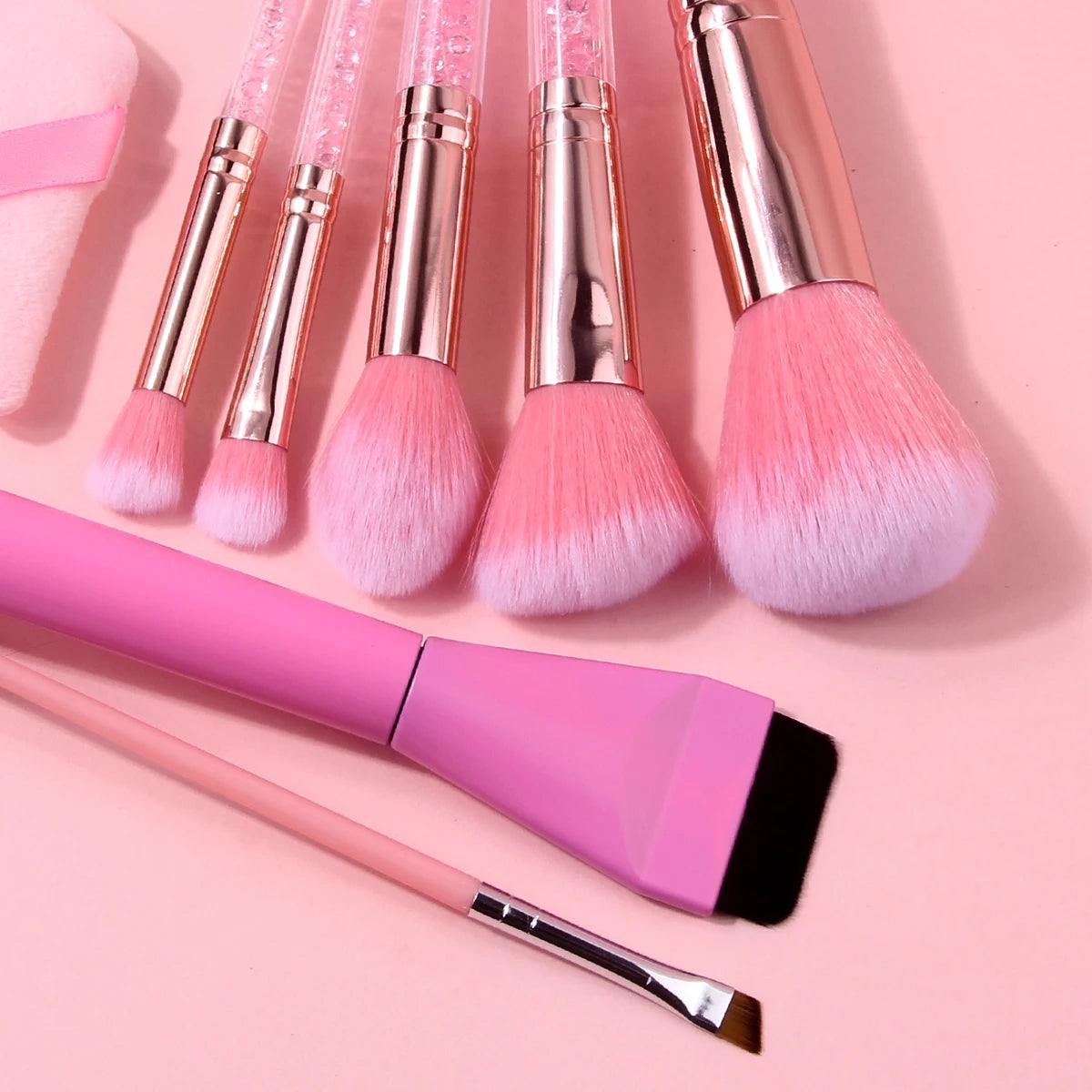 11Pcs Pink Makeup Brush Set with Sponge & Puff, Professional Glitter Handle Brushes additional angle