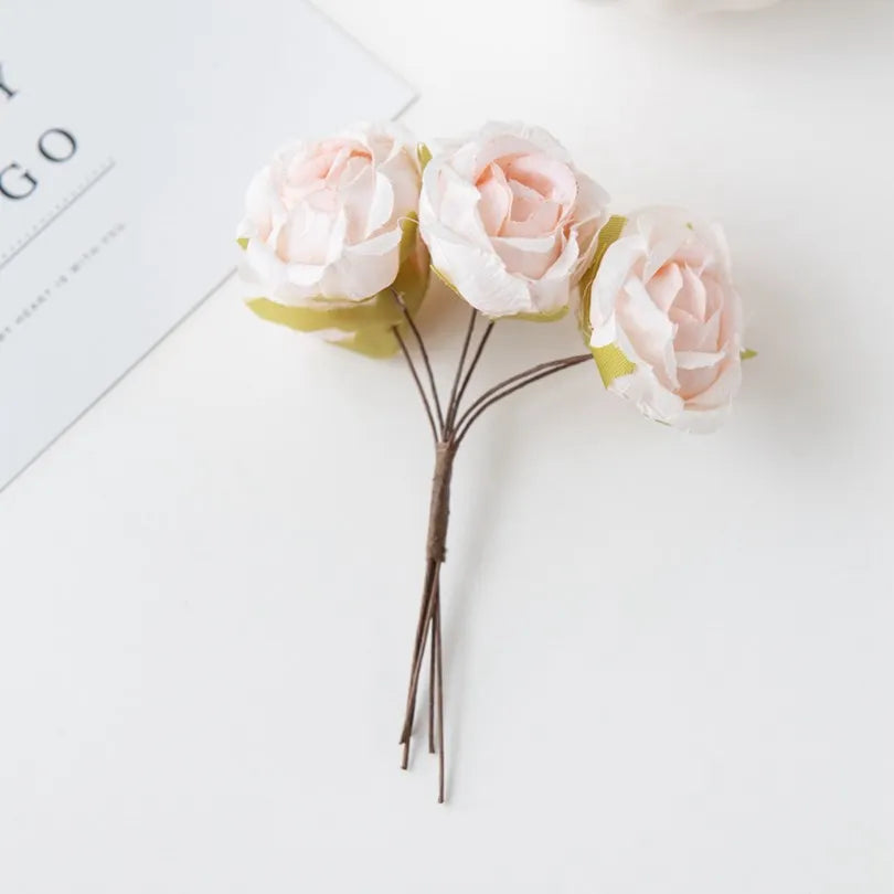 6Pcs Artificial Flowers Wedding Mini Bouquet Wreath Scrapbooking for Home Christmas Decor Diy Holiday Accessories Silk Tea Rose