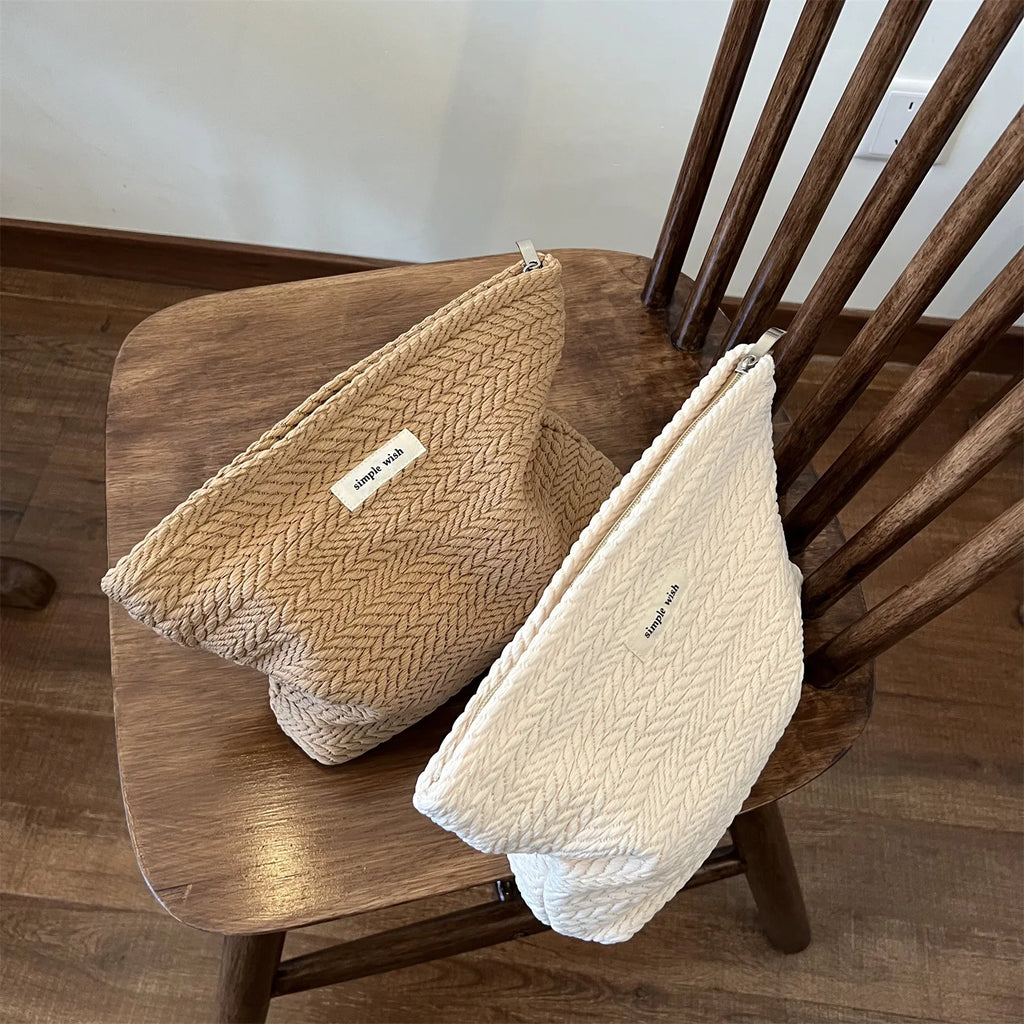 Handwoven Cotton Makeup Bag – Artistic Crochet Cosmetic Pouch with Zipper, Minimalist Clutch for Women