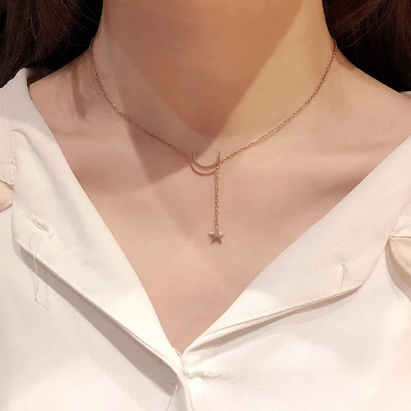 Moon Star Pendant Choker Necklace Gold Alloy Chain for Women close-up view