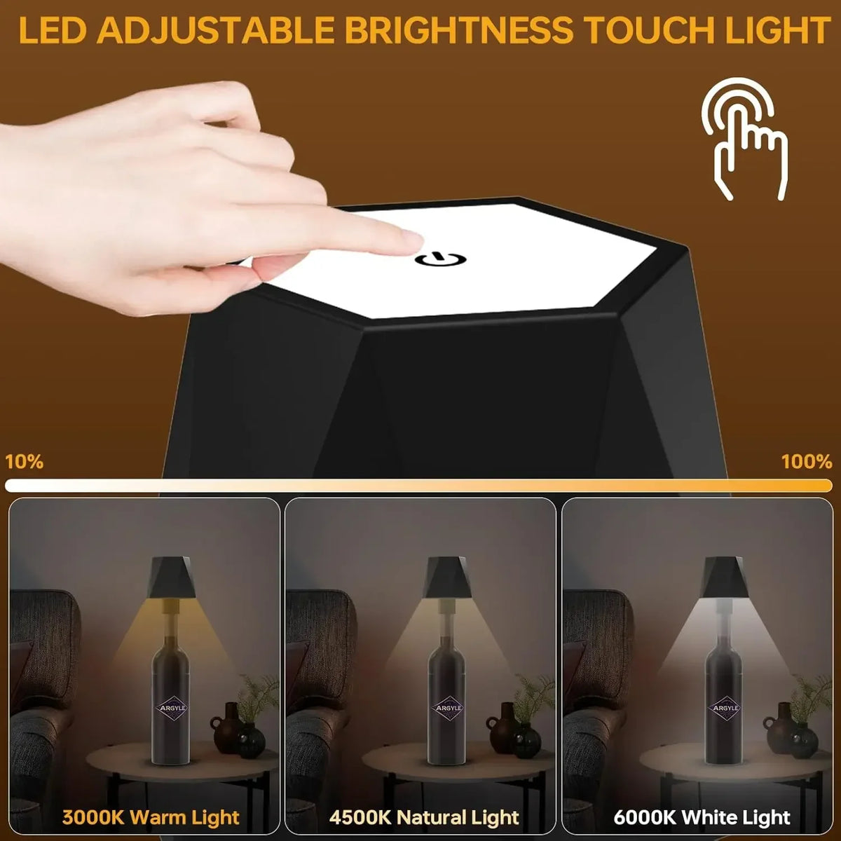 Lampe De Table En Forme De Bouteille Sans Fil, Commande Tactile, 3 Couleurs, Gradation E detail view