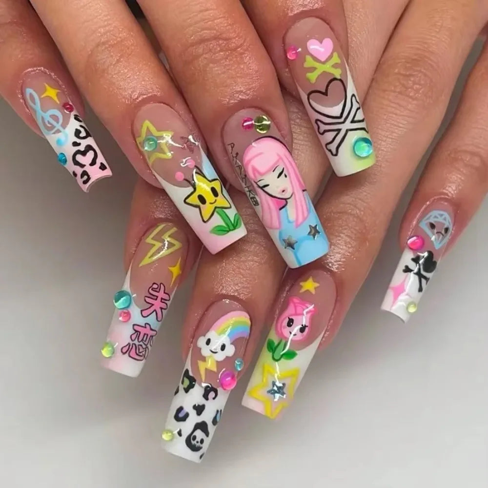 Y2K Cartoon Girl Rainbow Long Press On Nails 24pcs