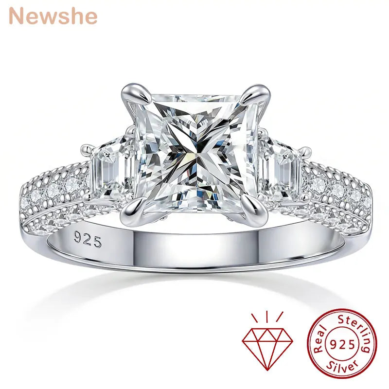 Newshe 925 Sterling Silver 7*7 mm Princess Cut Moissanite Engagement Ring with GRA Certificate 5A CZ