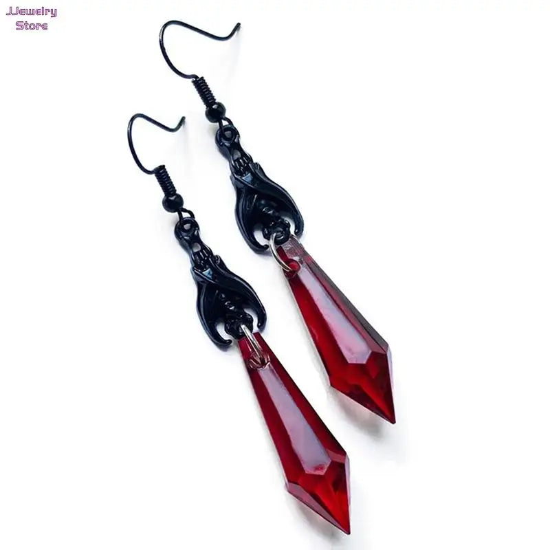 Bat Earrings with Red Teardrop Beads, Gothic Jewelry