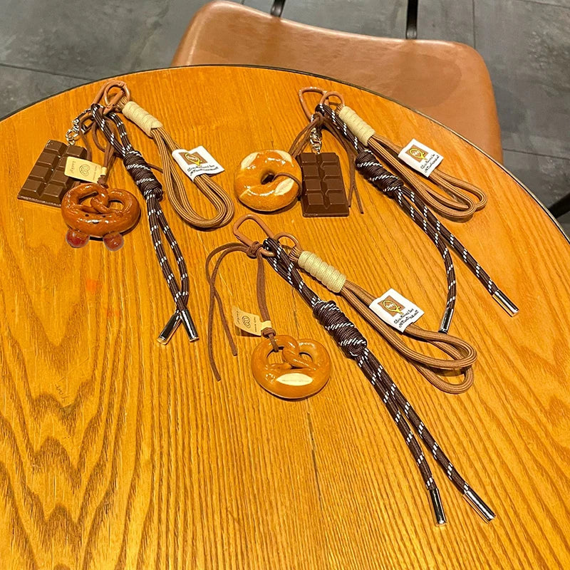 Delicate Bowknot Woven Rope Keychain Chocolate Anti-lost Bread Keychain Polyester Bagel Bag Decoration Woven
