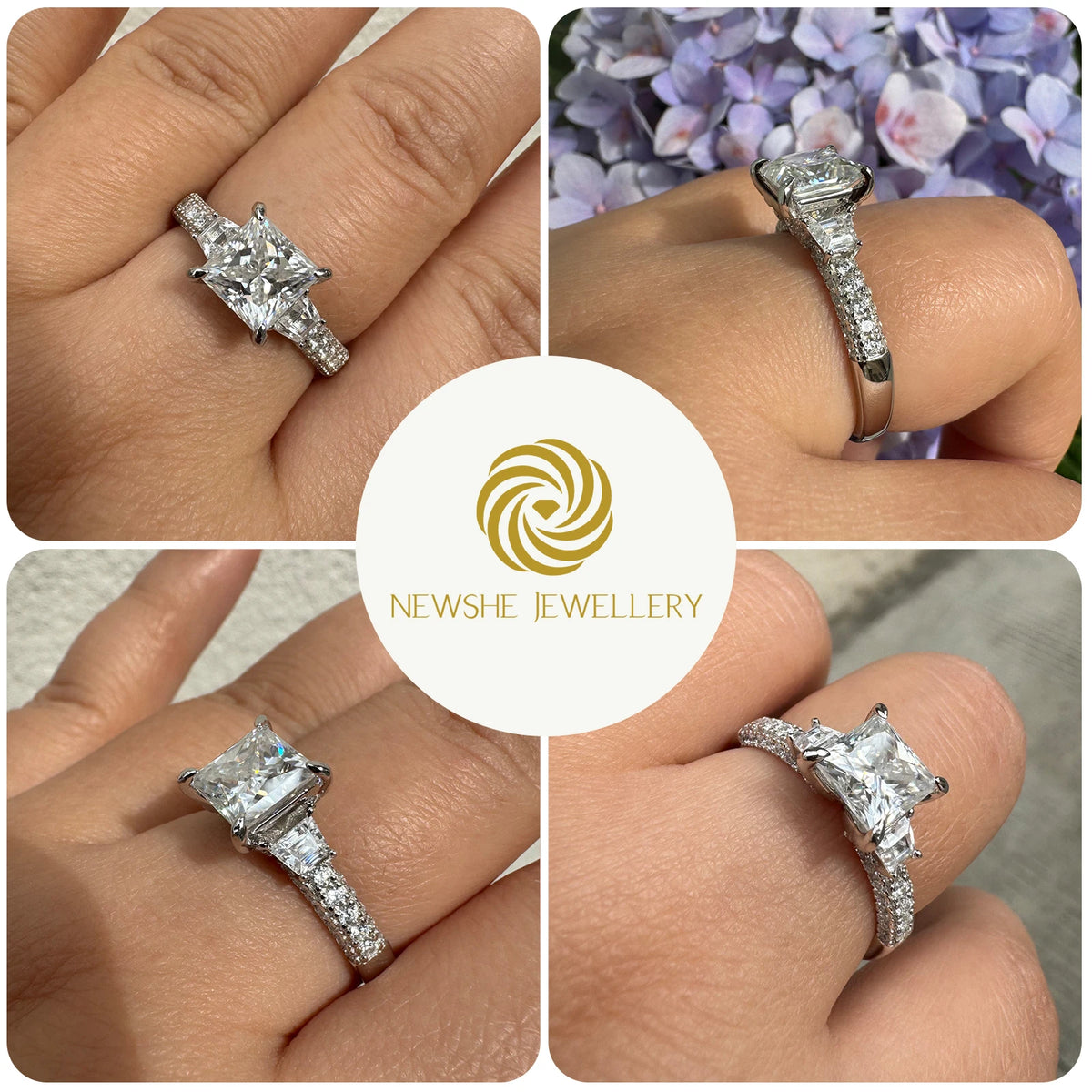 Newshe 925 Sterling Silver 7*7 mm Princess Cut Moissanite Engagement Ring with GRA Ce lifestyle view