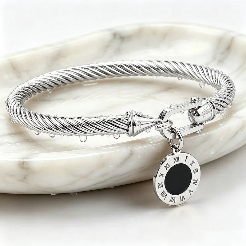 316L Stainless Steel Twisted Cable Bangle Roman Numeral Charm Bracelet