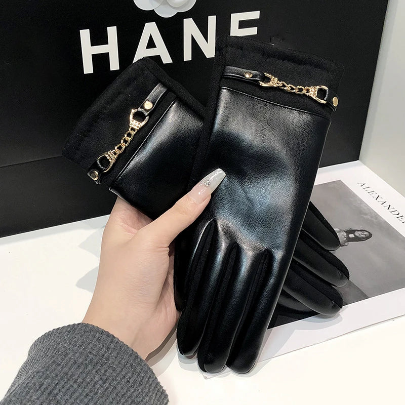 Women's Winter Knit Gloves Synthetic Leather Fleece Lined Touchscreen