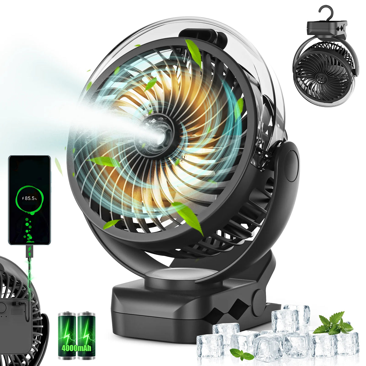 Clip-On Mist Cooling Fan Rechargeable Desk Fan