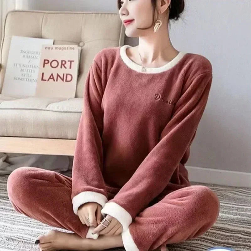 2PCS/Set Thickened Warm Flannel Women's Pajamas Tops and Trousers Student Sleepwear Homewear Winter Cartoon Bear Nightwear