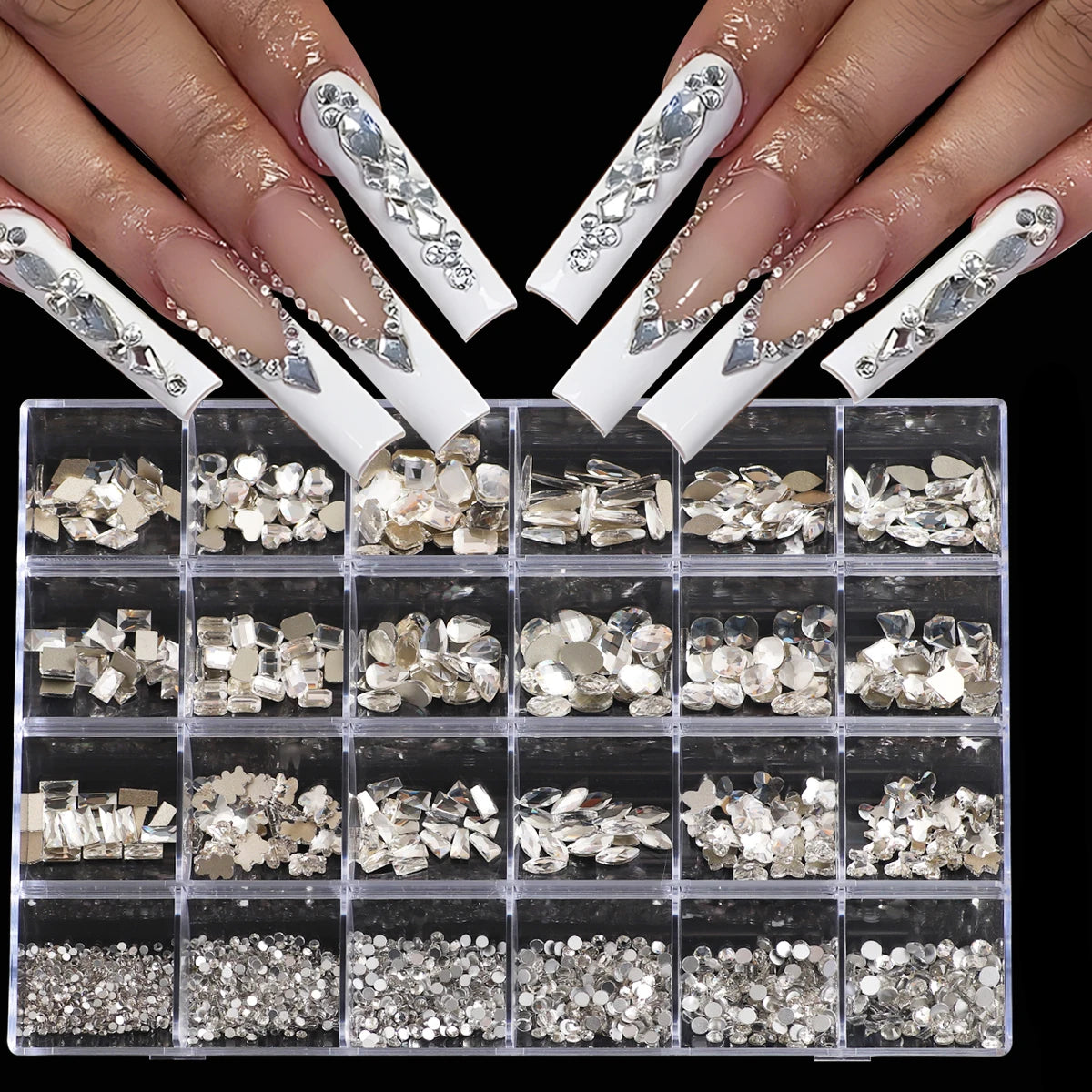 1 Box 3D Nail Diamond Kit, 24 AB Crystal Gem Grids, Multi-Shaped Nail Art