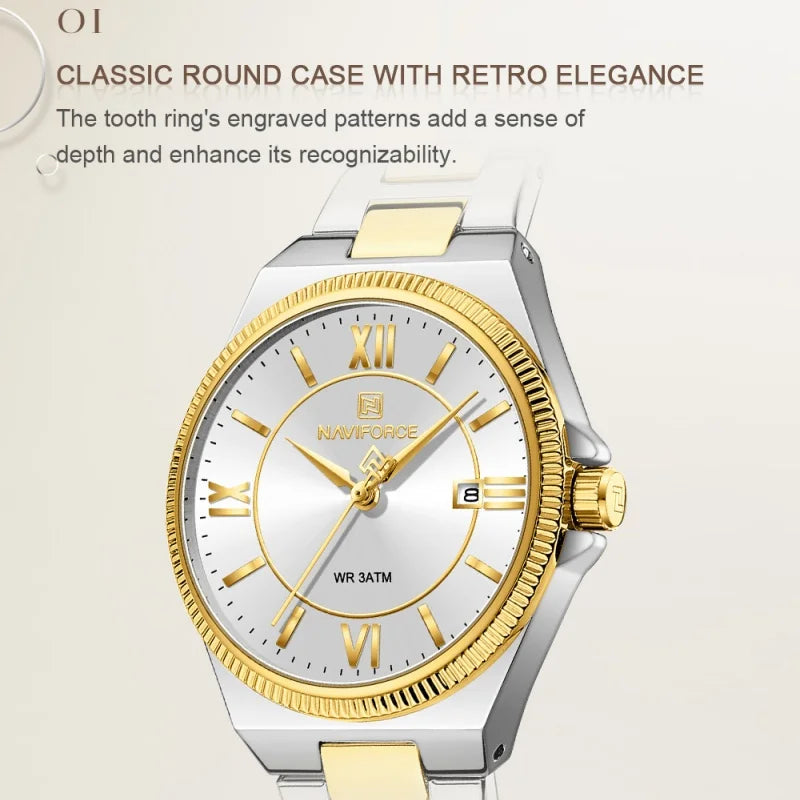 NAVIFORCE Casual for Daily Dress Women Quartz Watch 3ATM Waterproof Date Display Stainless Steel  Lady Wristwatch Package Gifts
