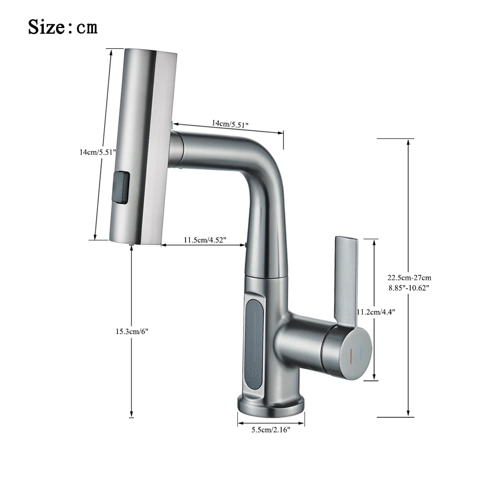 Waterfall Temperature Digital Display Basin Faucet Lift Up Down Stream Sprayer Hot Cold Water Sink Mixer Wash Tap For Bathroom