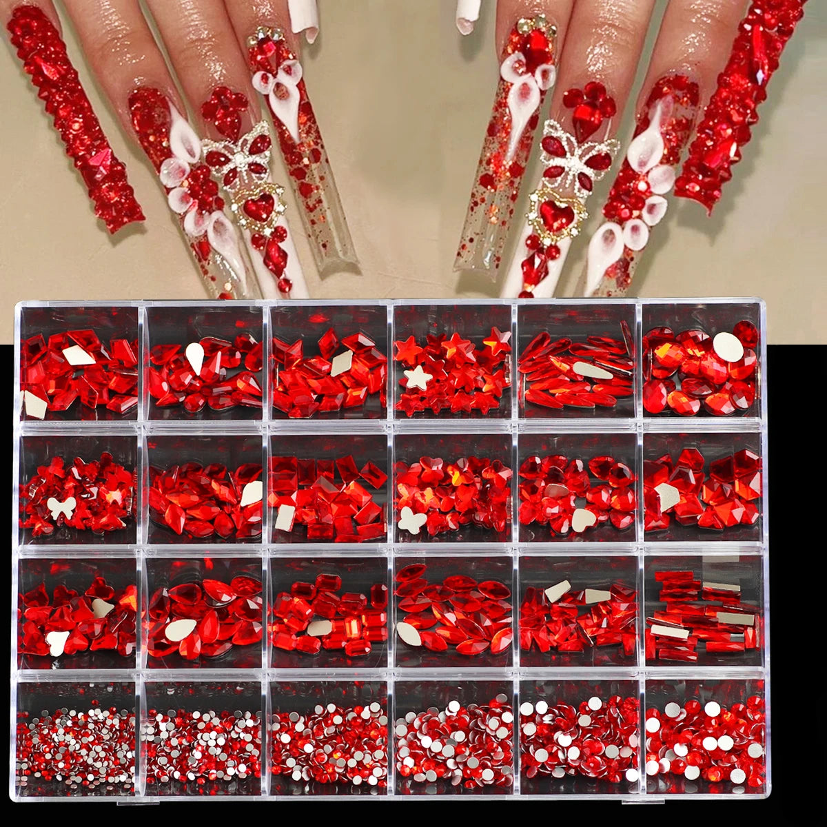 1 Box 3D Nail Diamond Kit, 24 AB Crystal Gem Grids, Multi-Shaped Nail Art