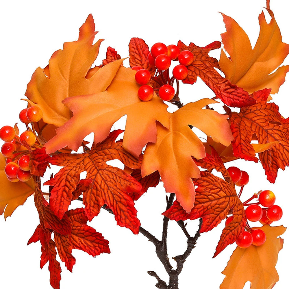 34cm Artificial Maple Leaves Branch Silk Fake Red Berries