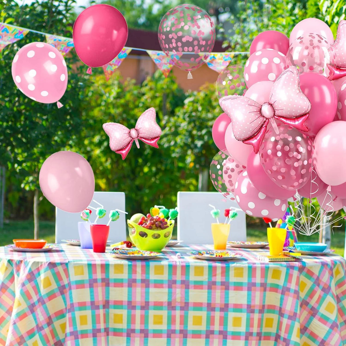 31Pcs/12inch Pink Bow Balloons,Hot Pink Rose Dots Bow Foil Balloon and Confetti Balloons with Ribbon, Girls Birthday Baby Shower