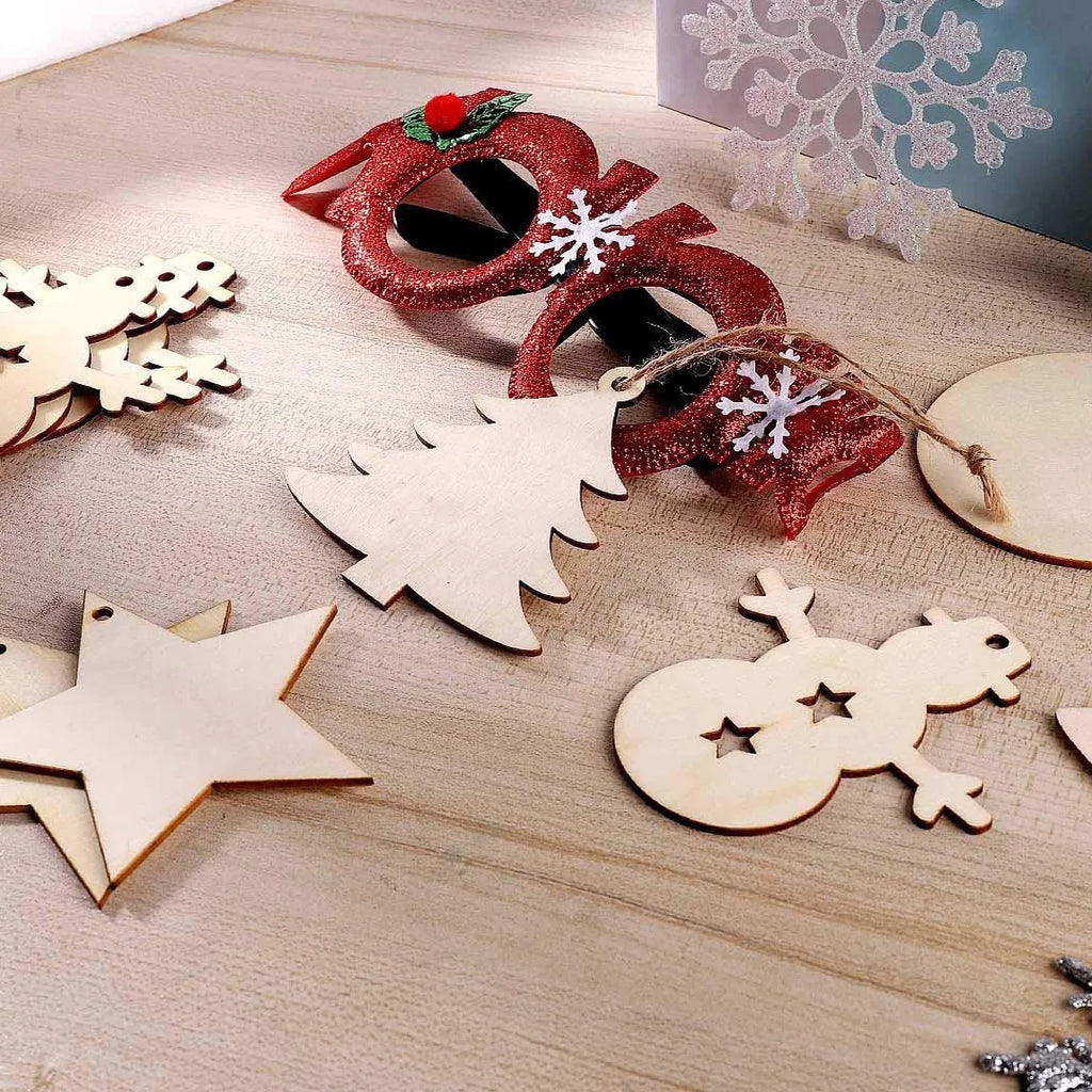 40pcs DIY Wooden Christmas Ornaments Blank Paintable Wood Chips with 10m Hemp Rope