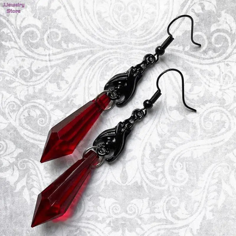 Bat Earrings with Red Teardrop Beads, Gothic Jewelry