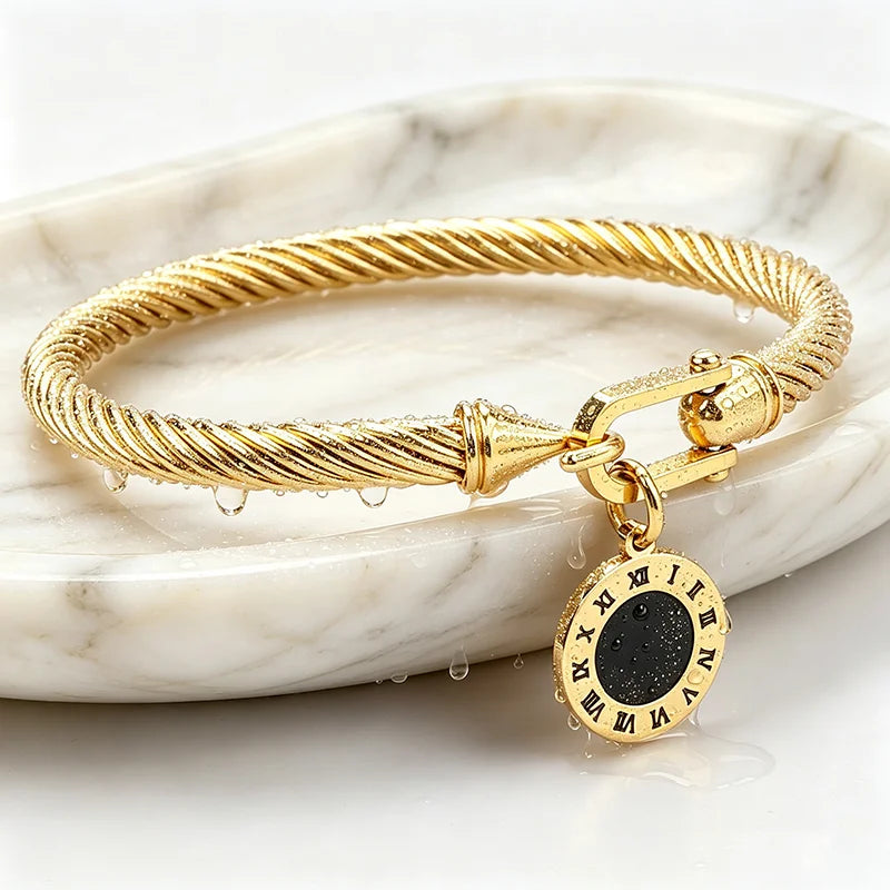 316L Stainless Steel Twisted Cable Bangle Roman Numeral Charm Bracelet