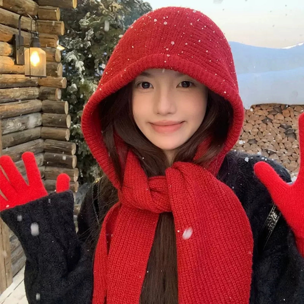 Women Knitted Winter Balaclava Bonnet Skullies Beanie Scarf One-Piece
