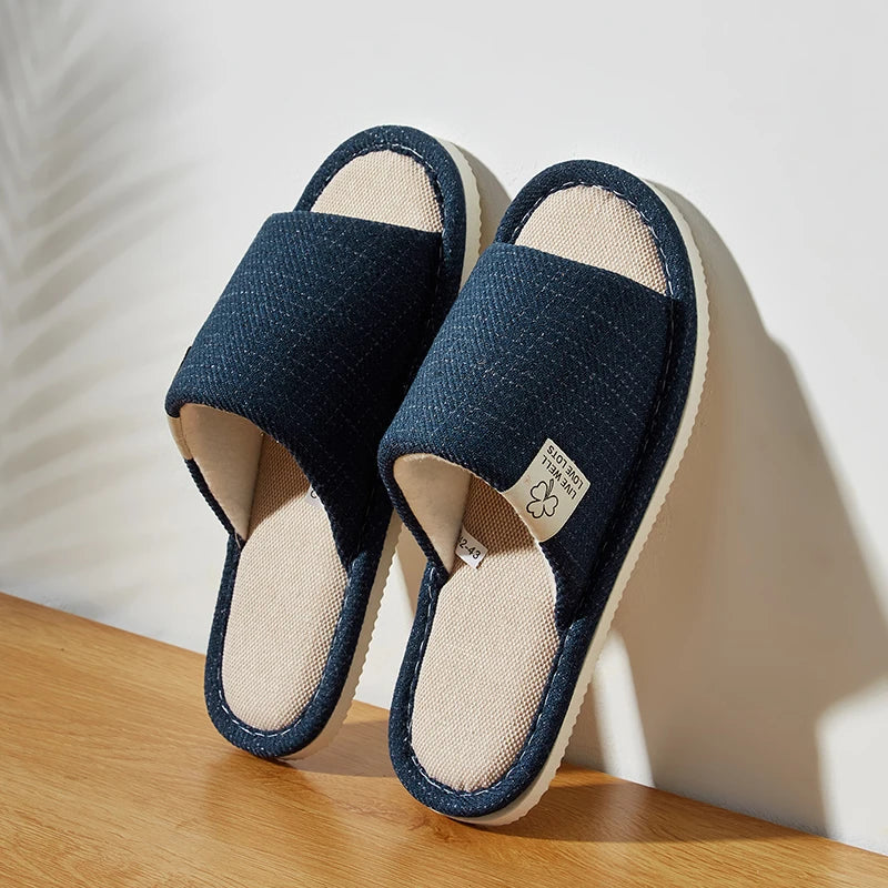 Linen Home Slippers For Men Comfortable Bedroom Open-Toed Breathable close-up view
