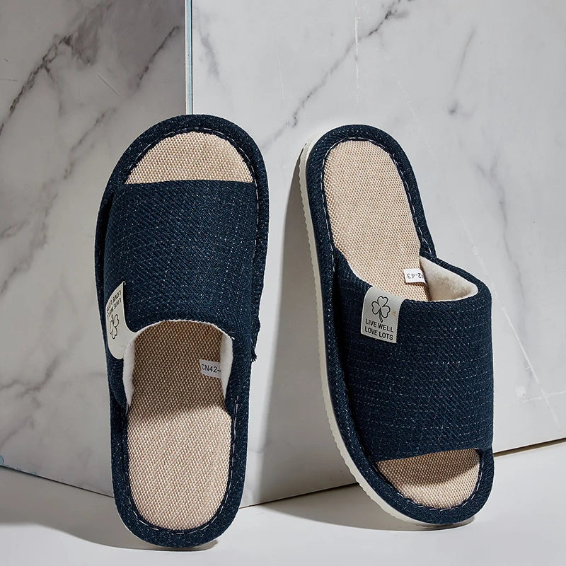 Linen Home Slippers For Men Comfortable Bedroom Open-Toed Breathable close-up view