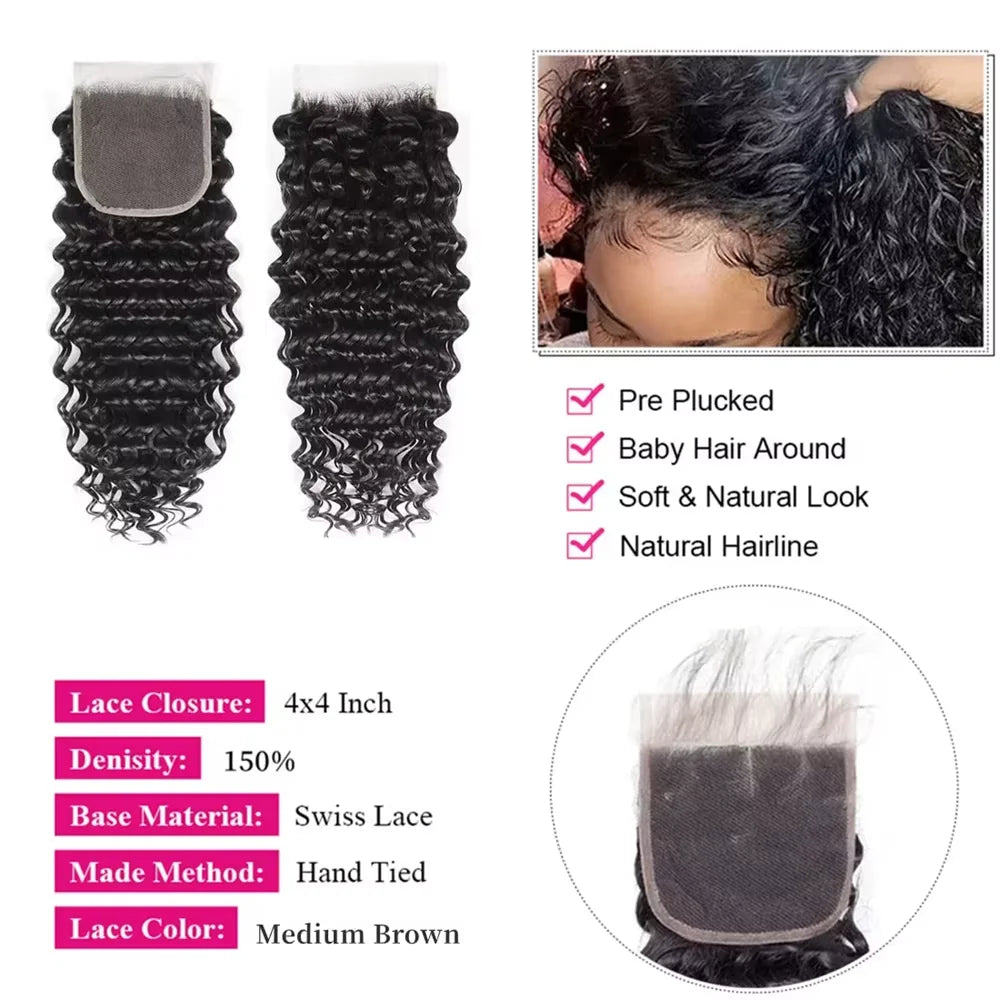 Deep Wave Brazilian Human Hair Bundles With HD Lace Closure