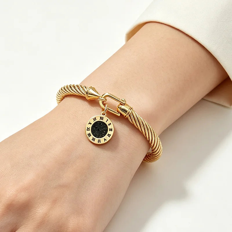316L Stainless Steel Twisted Cable Bangle Roman Numeral Charm Bracelet