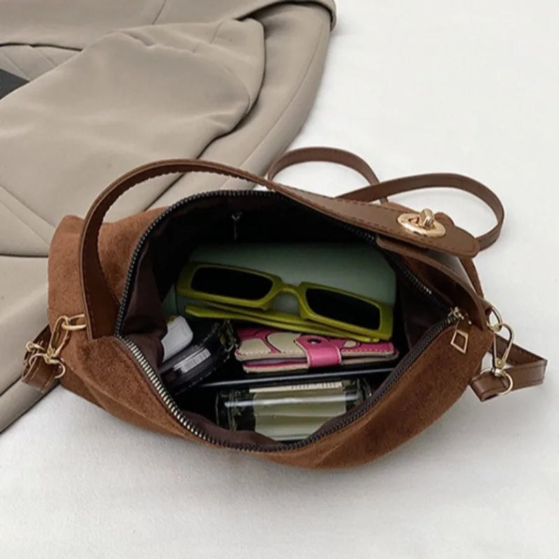 Women's vintage-style fashion shoulder bag with suede-like texture, Bohemian style, adjustable wide strap