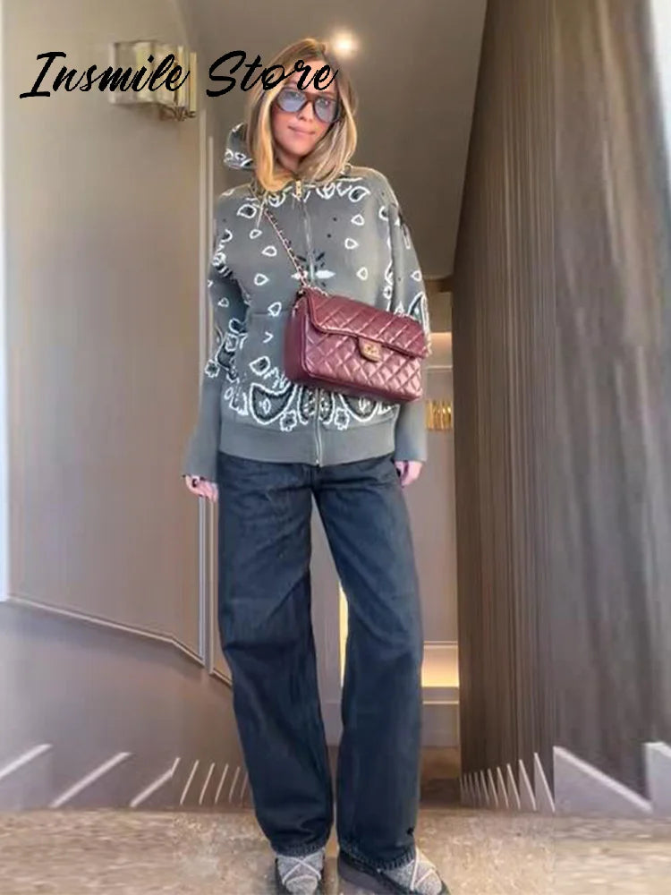 Fashion Knit Jacquard Cardigan Women Gray Stand Collar Zipper Full Sleeve Sweater 2026 Autumn Winter Lady Casual Street Knitwear