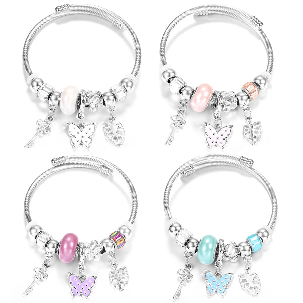 Butterfly Pendant Stainless Steel Beaded Charm Bracelet