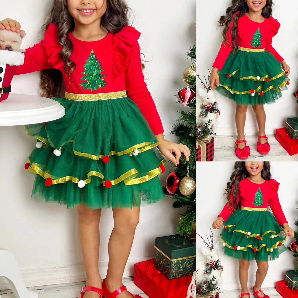 Little Girls Easter Christmas Long Sleeve Snowman Tree Print Dress